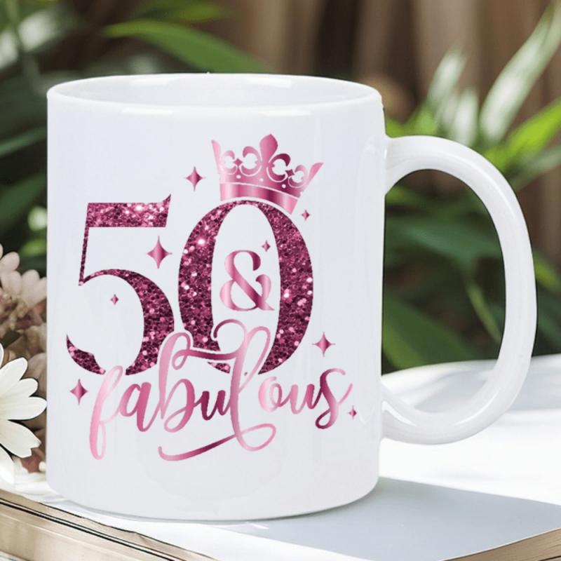Tailorly White Ceramic 11 oz Mug - 50 Fabulous Sparkling Pink Glitter Anniversary Numbers With Majestic Shining Royal Crown