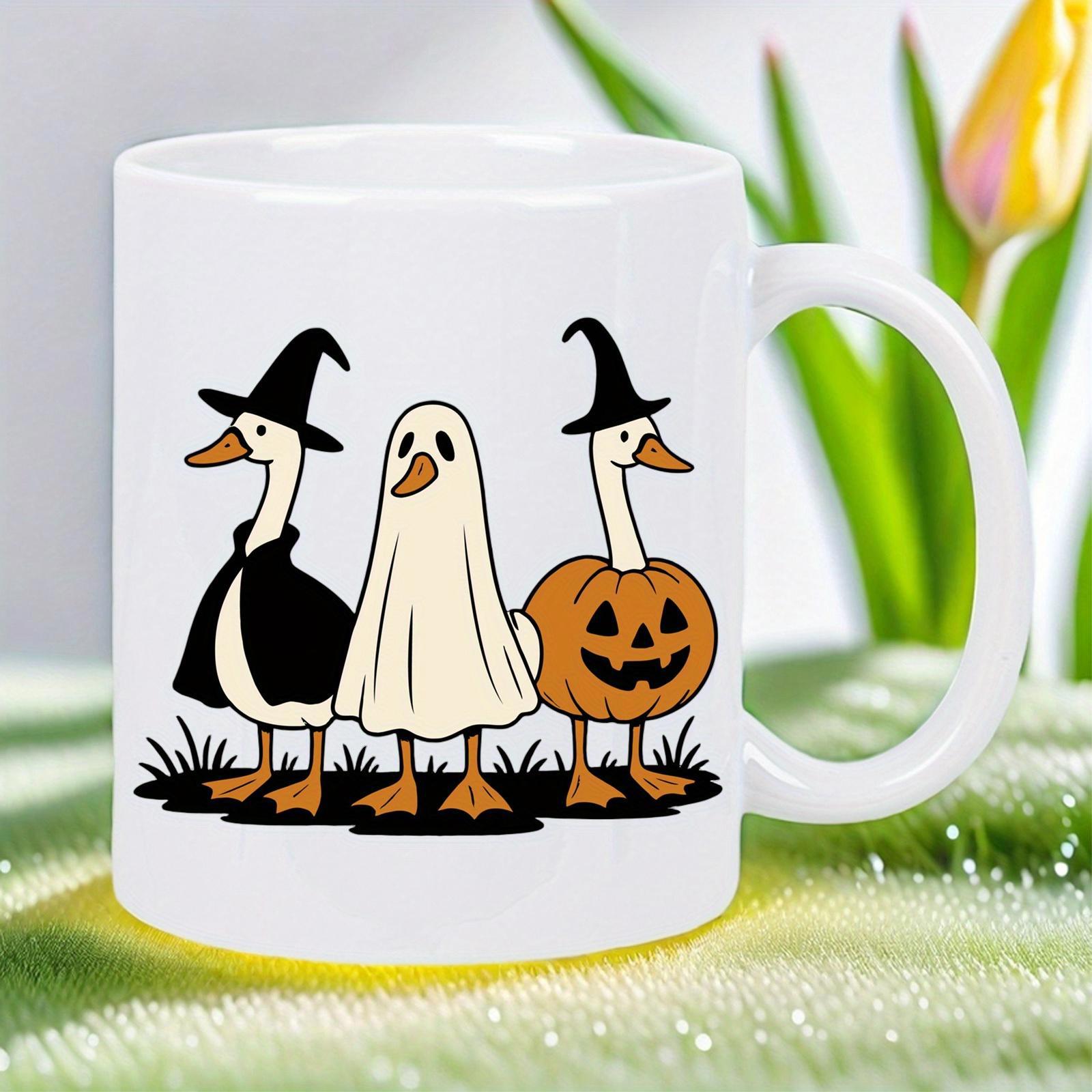 Tailorly White Ceramic 11 oz Mug - Three Adorable Cartoon Ducks Wearing Spooky Halloween Costumes On Grass Ducks