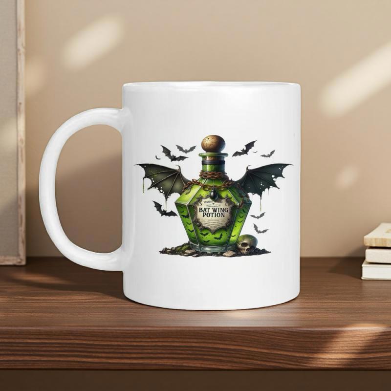 Tailorly White Ceramic 11 oz Mug - Spooky Green Flask With Large Bat Wings And Flying Bats Bottle