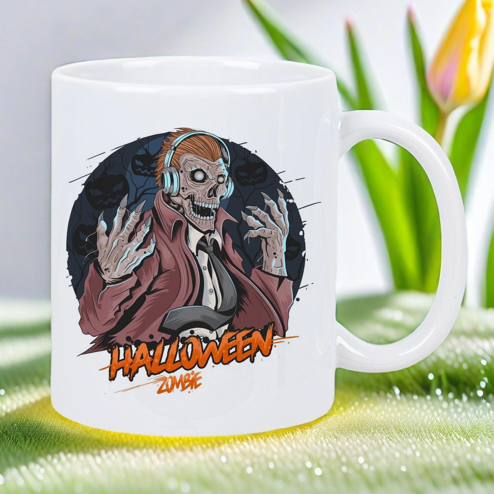Tailorly White Ceramic 11 oz Mug - Halloween Zombie Creepy Undead Character Wearing Modern Headphones In A Dark Circle Zombie