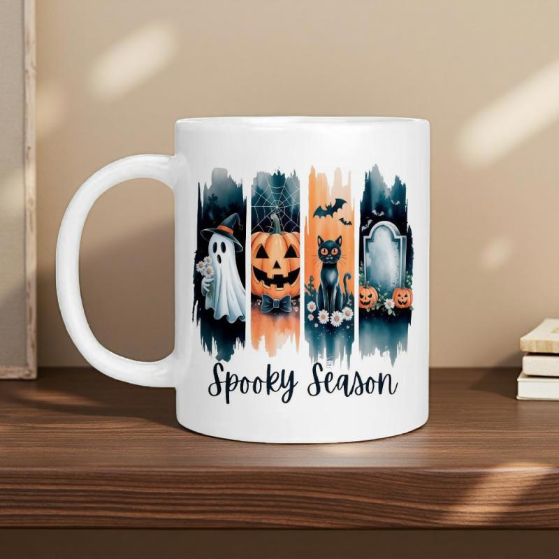 Tailorly White Ceramic 11 oz Mug - Spooky Season Artistic Vertical Brushstrokes Featuring Ghost Pumpkin Black Cat And Graveyard Halloween