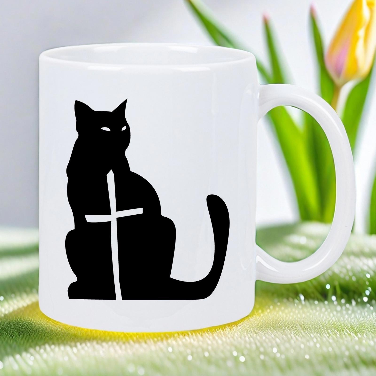 Tailorly White Ceramic 11 oz Mug - Mysterious Black Cat Silhouette With Holy White Cross Sitting In Stillness Cat