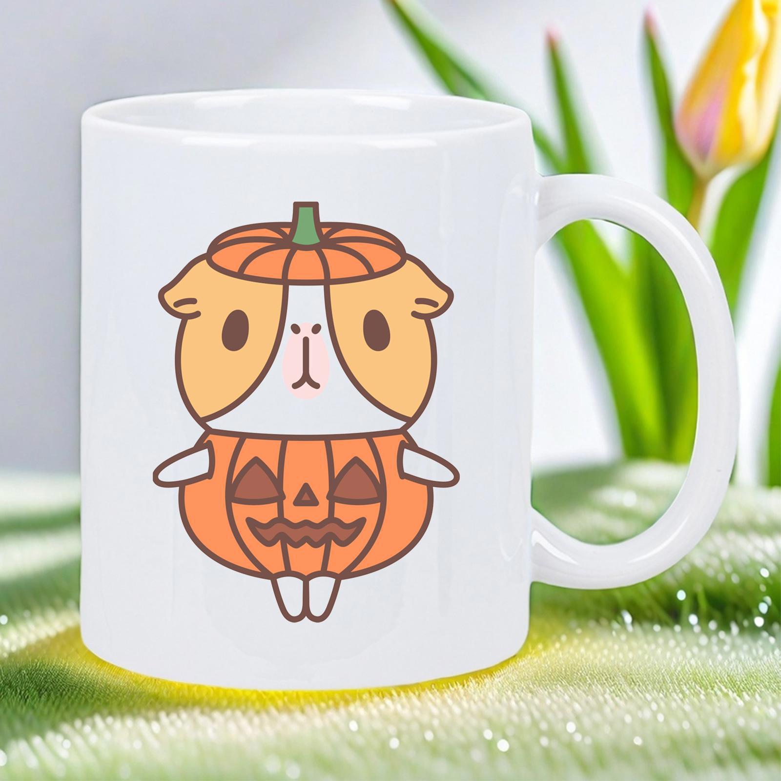 Tailorly White Ceramic 11 oz Mug - Cute Little Animal Wearing An Orange Jack O Lantern Pumpkin Costume Guinea Pig