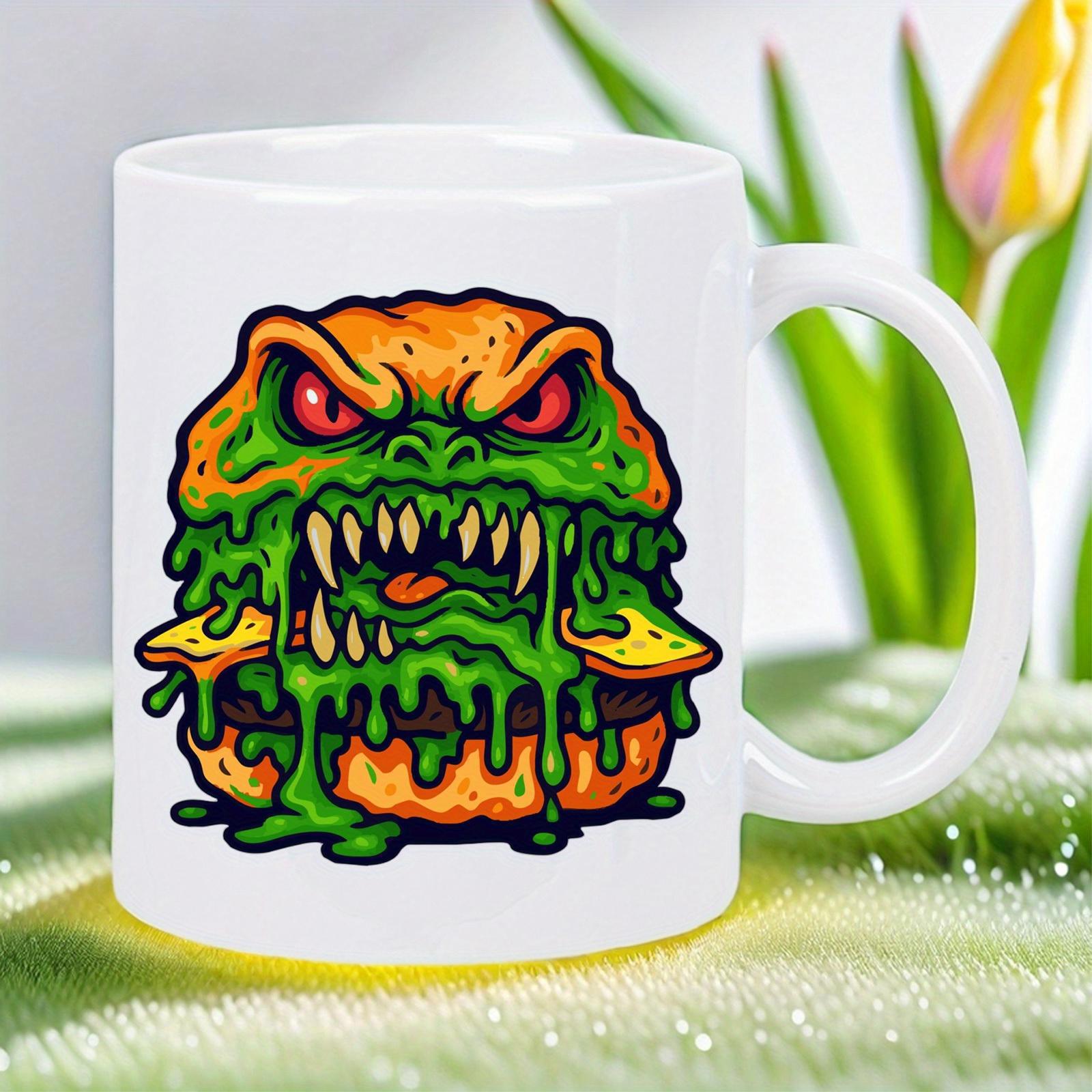 Tailorly White Ceramic 11 oz Mug - Scary Green Slime Monster With Sharp Fangs And Glowing Red Eyes Burger