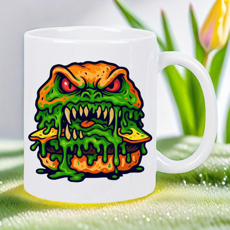 Tailorly White Ceramic 11 oz Mug - Scary Green Slime Monster With Sharp Fangs And Glowing Red Eyes Burger