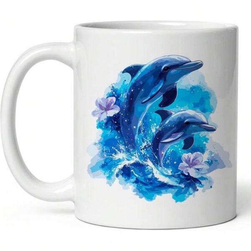 Tailorly White Ceramic 11 oz Mug - Majestic Blue Creatures Jumping Through Splashy Watercolor Waves And Tropical Flowers Dolphin