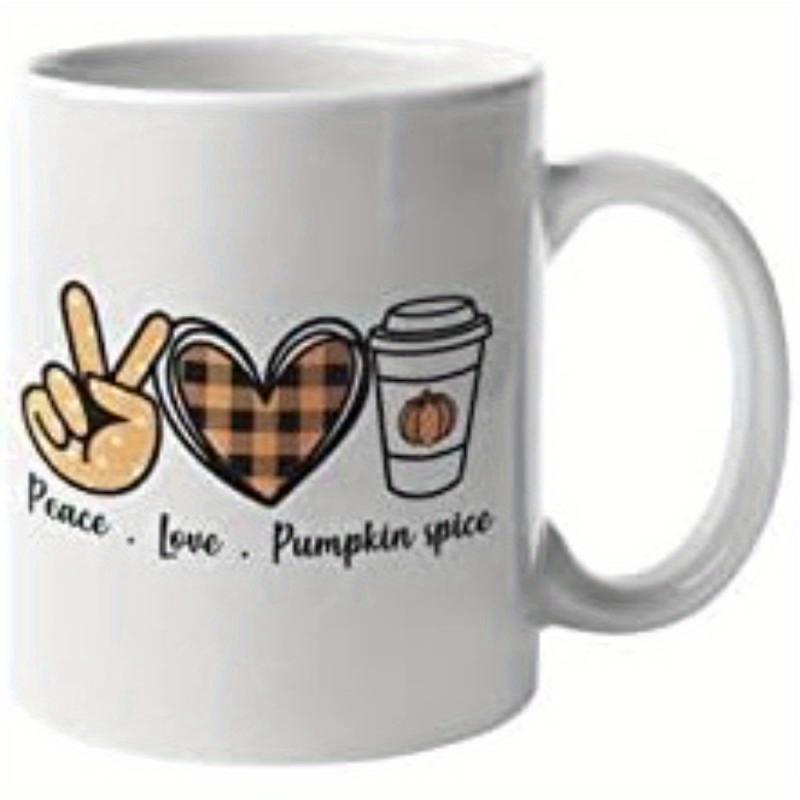 Tailorly White Ceramic 11 oz Mug - Peace Love Pumpkin Spice White Ceramic Cup With Autumn Icons Featuring Plaid Heart And Coffee Mug