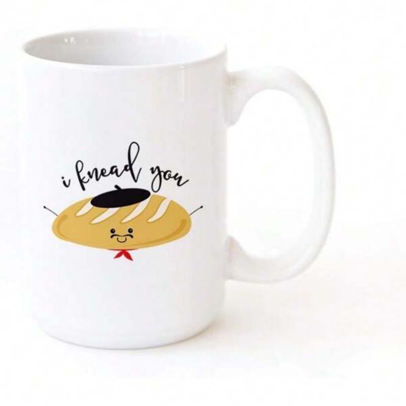 Tailorly White Ceramic 11 oz Mug - I Knead You Smiling French Baguette Wearing Tiny Beret And Red Scarf Bread