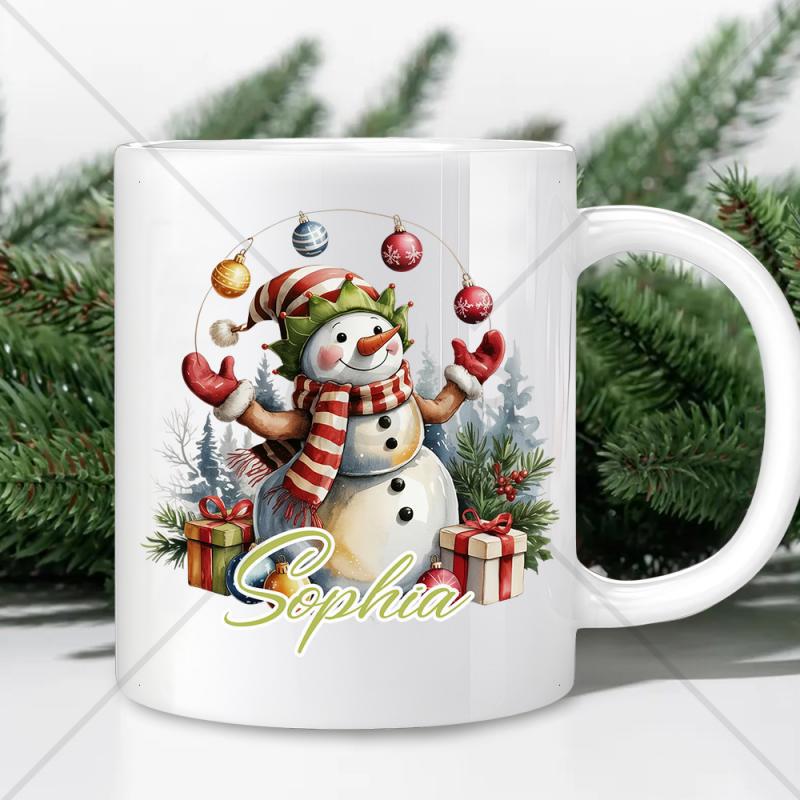 Tailorly White Ceramic 11 oz Mug - Sophia Joyful Festive Snowman Juggling Baubles Surrounded By Gifts And Pines Snowman