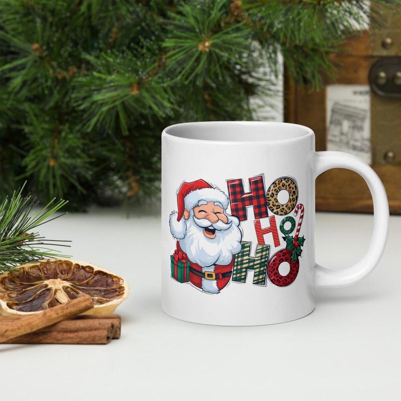 Tailorly White Ceramic 11 oz Mug - Ho Ho Ho Jolly Christmas Character Among Festive Plaid And Leopard Print Letters Santa