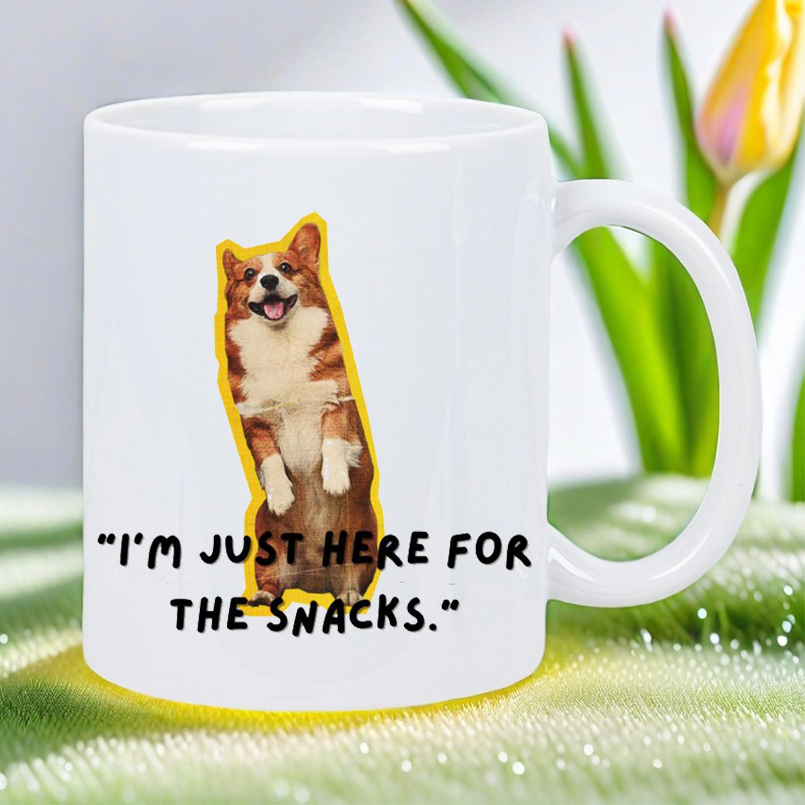 Tailorly White Ceramic 11 oz Mug - Im Just Here For The Snacks Happy Fluffy Standing Brown And White Puppy With Yellow Outline Corgi