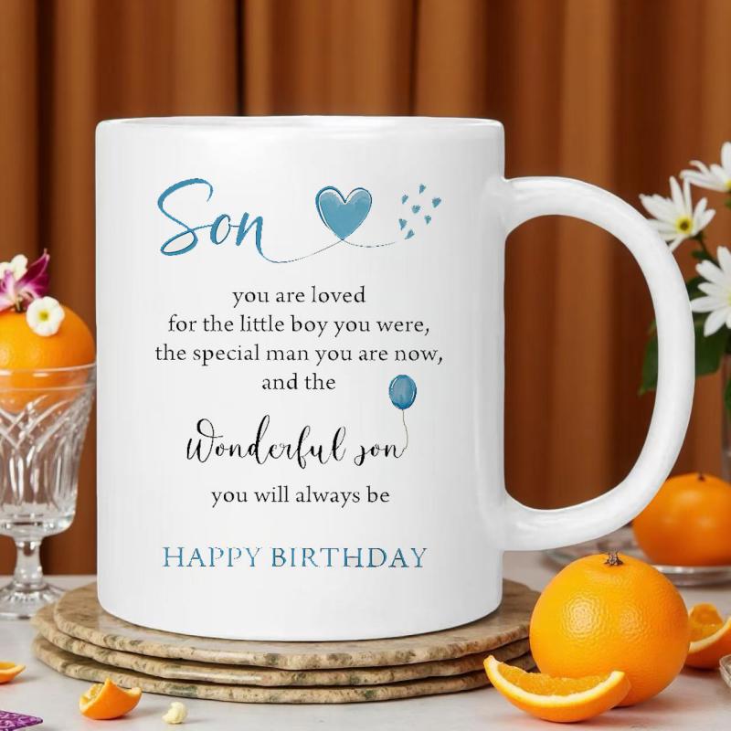 Tailorly White Ceramic 11 oz Mug - Son You Are Loved Happy Birthday Minimalist Blue Heart And Balloon Accents On Elegant