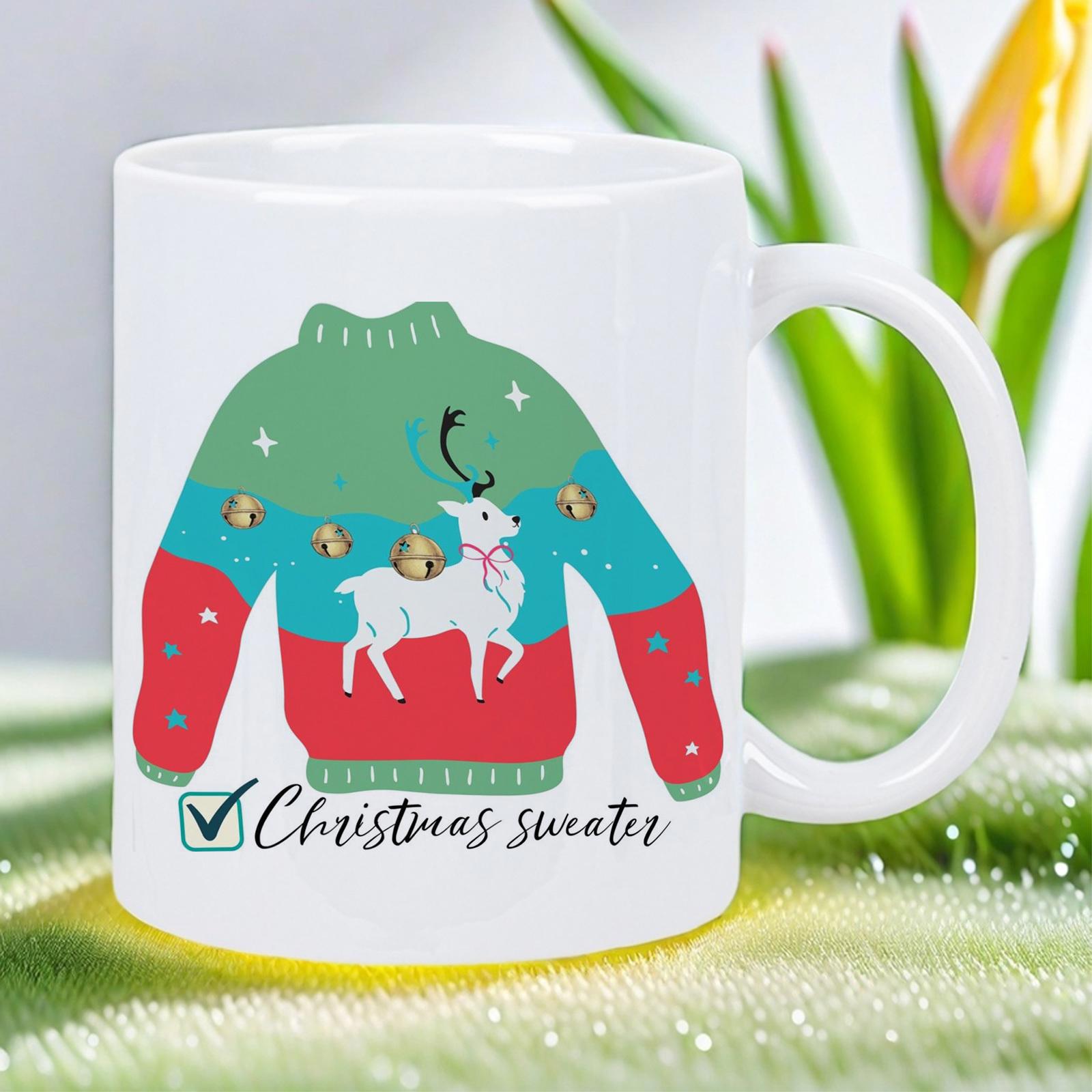 Tailorly White Ceramic 11 oz Mug - Christmas Sweater Festive Ugly Holiday Design With Reindeer And Bells Patterned Woolen Sweater