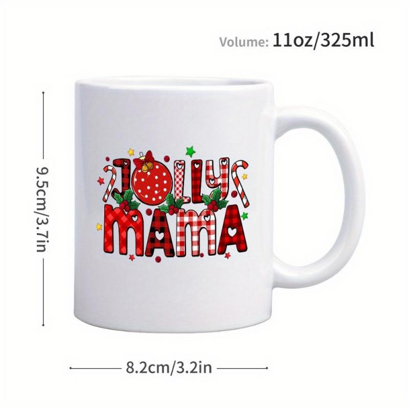 Tailorly White Ceramic 11 oz Mug - Jolly Mama Vibrant Red Plaid Christmas Icons Surrounded By Holly Berries Mug