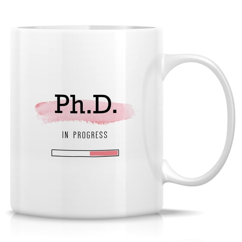 Tailorly White Ceramic 11 oz Mug - Ph D In Progress Academic Status Loading Bar With Subtle Pink Watercolor Stroke Mug