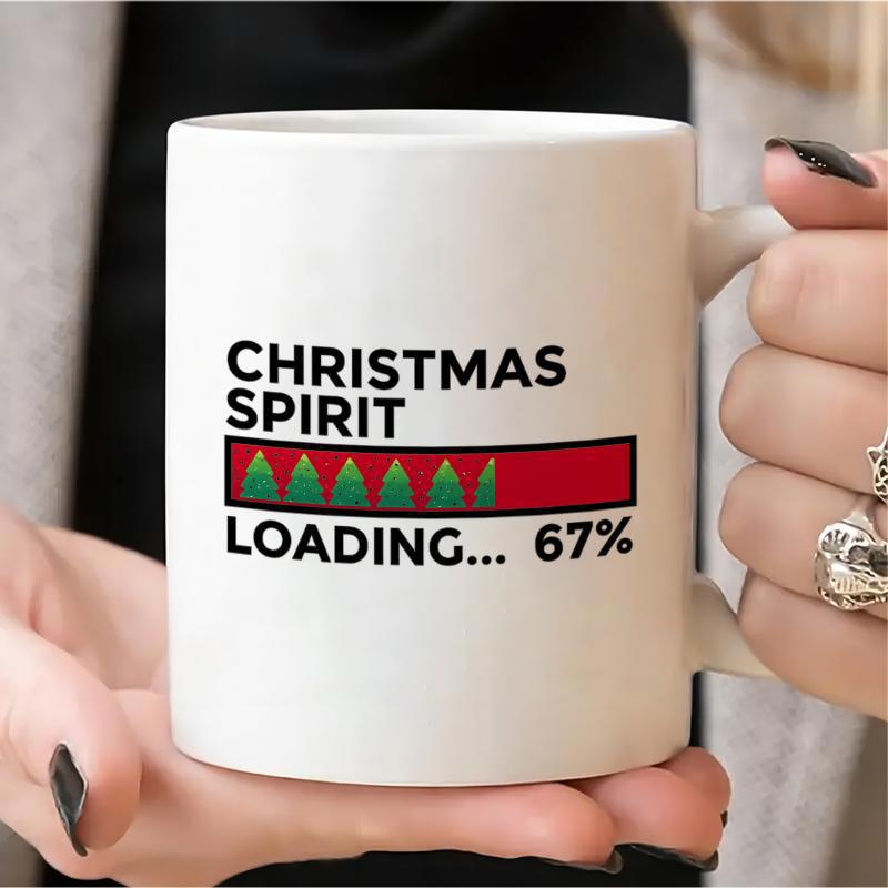 Tailorly White Ceramic 11 oz Mug - Christmas Spirit Loading Festive Red Progress Bar Filled With Rows Of Tiny Green Trees