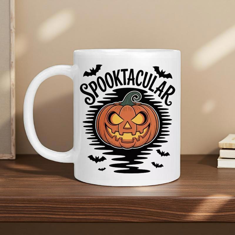 Tailorly White Ceramic 11 oz Mug - Spooktacular Glowing Halloween Jack O Lantern Surrounded By Flying Bats Over Stylized Shadows Pumpkin