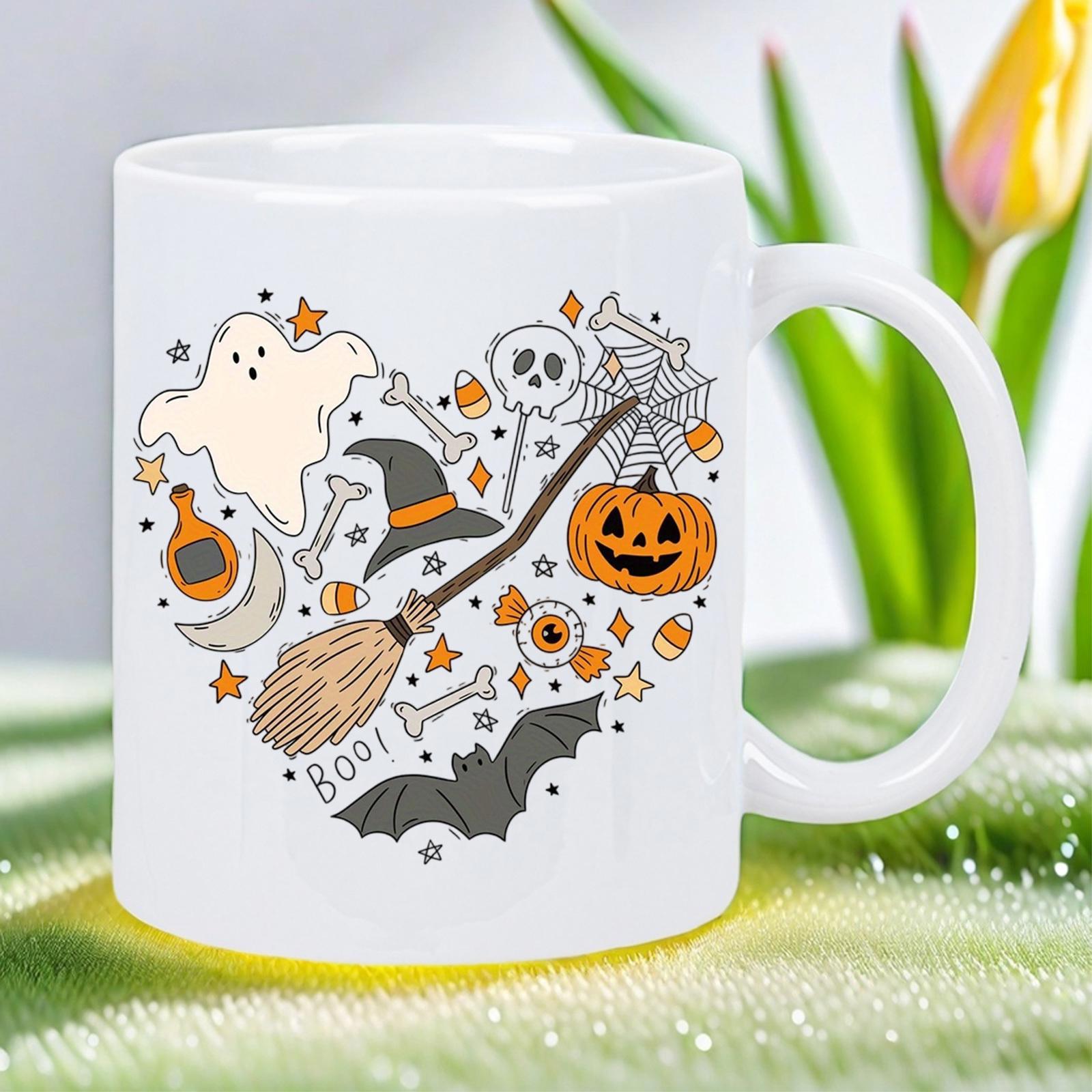 Tailorly White Ceramic 11 oz Mug - Boo Spooky Halloween Elements Arranged Within A Large Decorative Artistic Heart