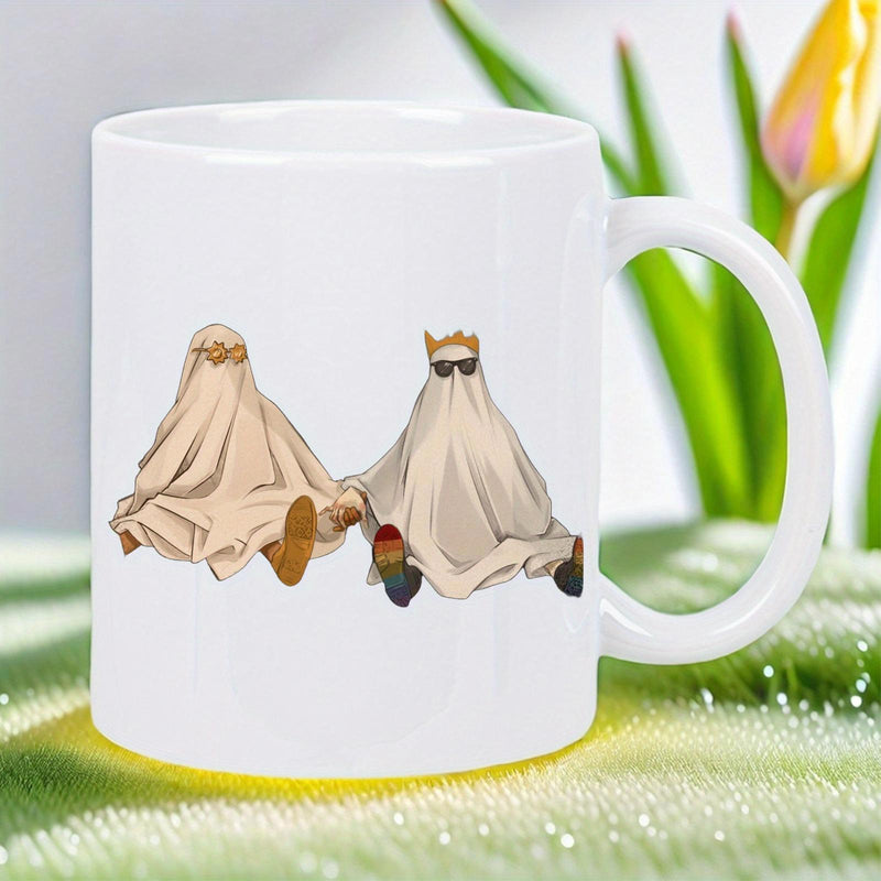 Tailorly White Ceramic 11 oz Mug - Two Chilling Figures Wearing Stylish Sunglasses While Relaxing In Sitting Posture Ghost