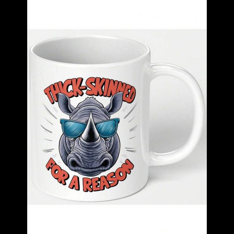 Tailorly White Ceramic 11 oz Mug - Thick Skinned For A Reason Cool Gray Cartoon Animal Wearing Stylish Blue Sunglasses With Artistic Motion Lines Rhino
