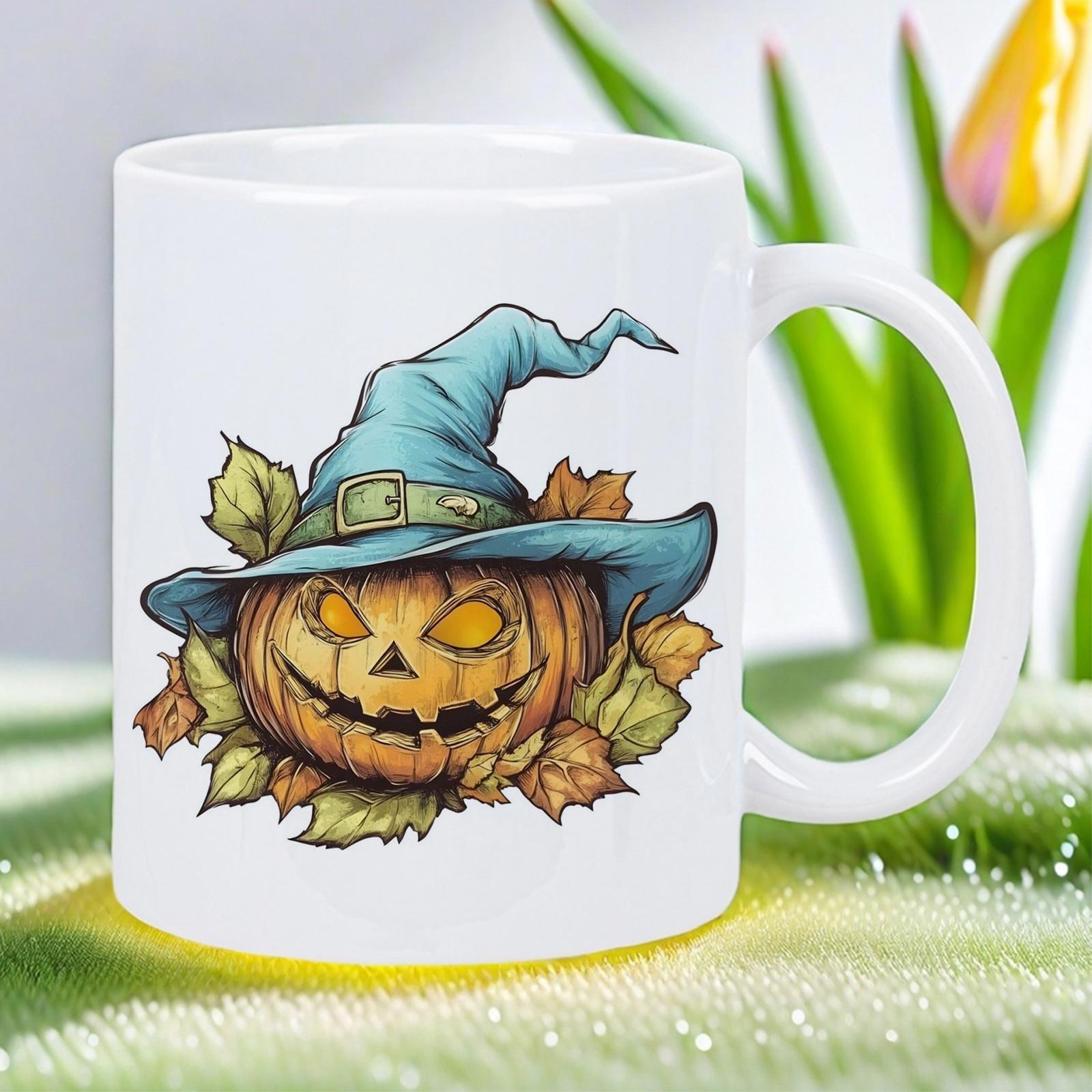 Tailorly White Ceramic 11 oz Mug - Spooky Halloween Jack O Lantern Wearing Wizard Hat With Autumn Leaves Pumpkin