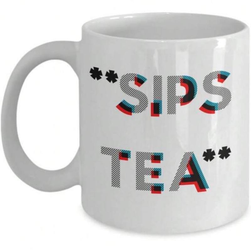 Tailorly White Ceramic 11 oz Mug - Sips Tea Modern Glitch Aesthetic Typography Featuring Small Decorative Black Flower Symbols Mug
