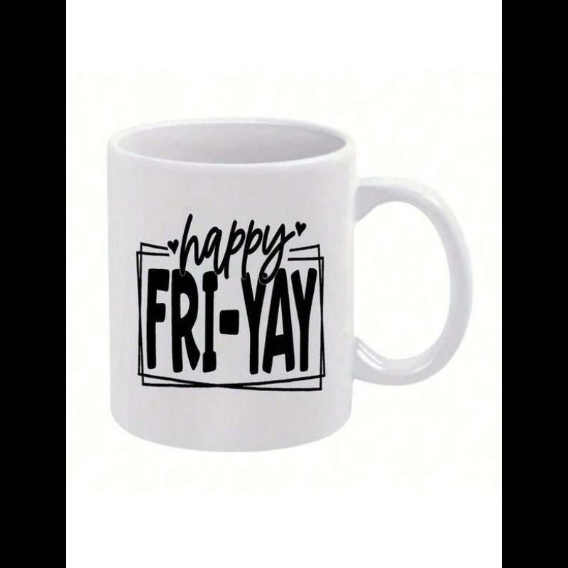 Tailorly White Ceramic 11 oz Mug - Happy Fri-Yay Minimalist White Ceramic Style Featuring Bold Black Lettering And Decorative Hearts Mug