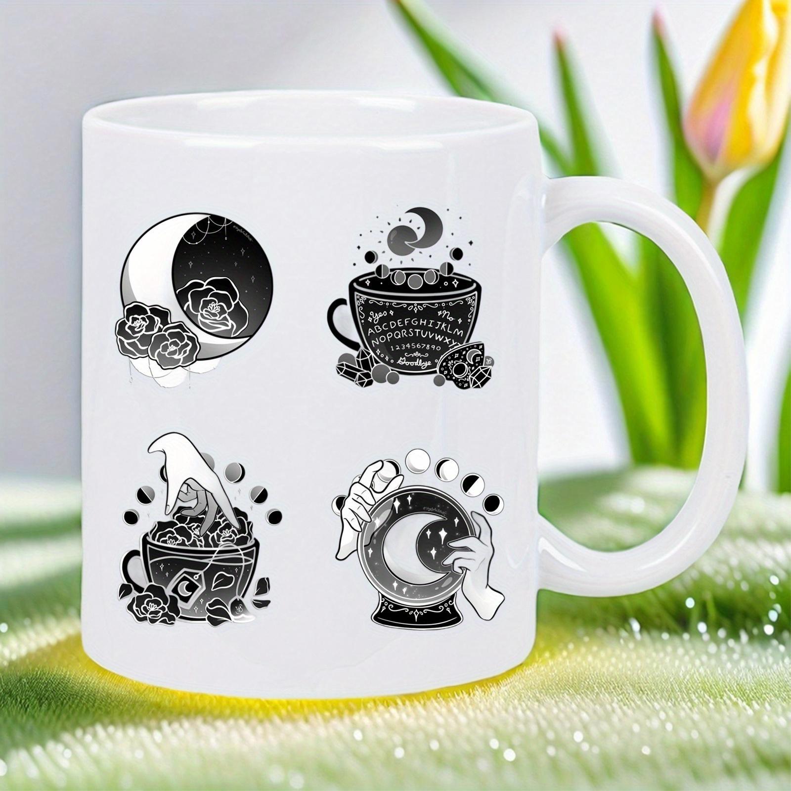 Tailorly White Ceramic 11 oz Mug - Mystical Occult Symbols Featuring Crescent Moon Roses And Crystal Ball Illustrations