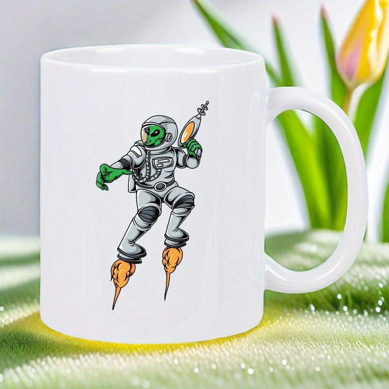 Tailorly White Ceramic 11 oz Mug - Futuristic Green Alien Wearing Space Suit Floating With Galactic Laser Gun Astronaut