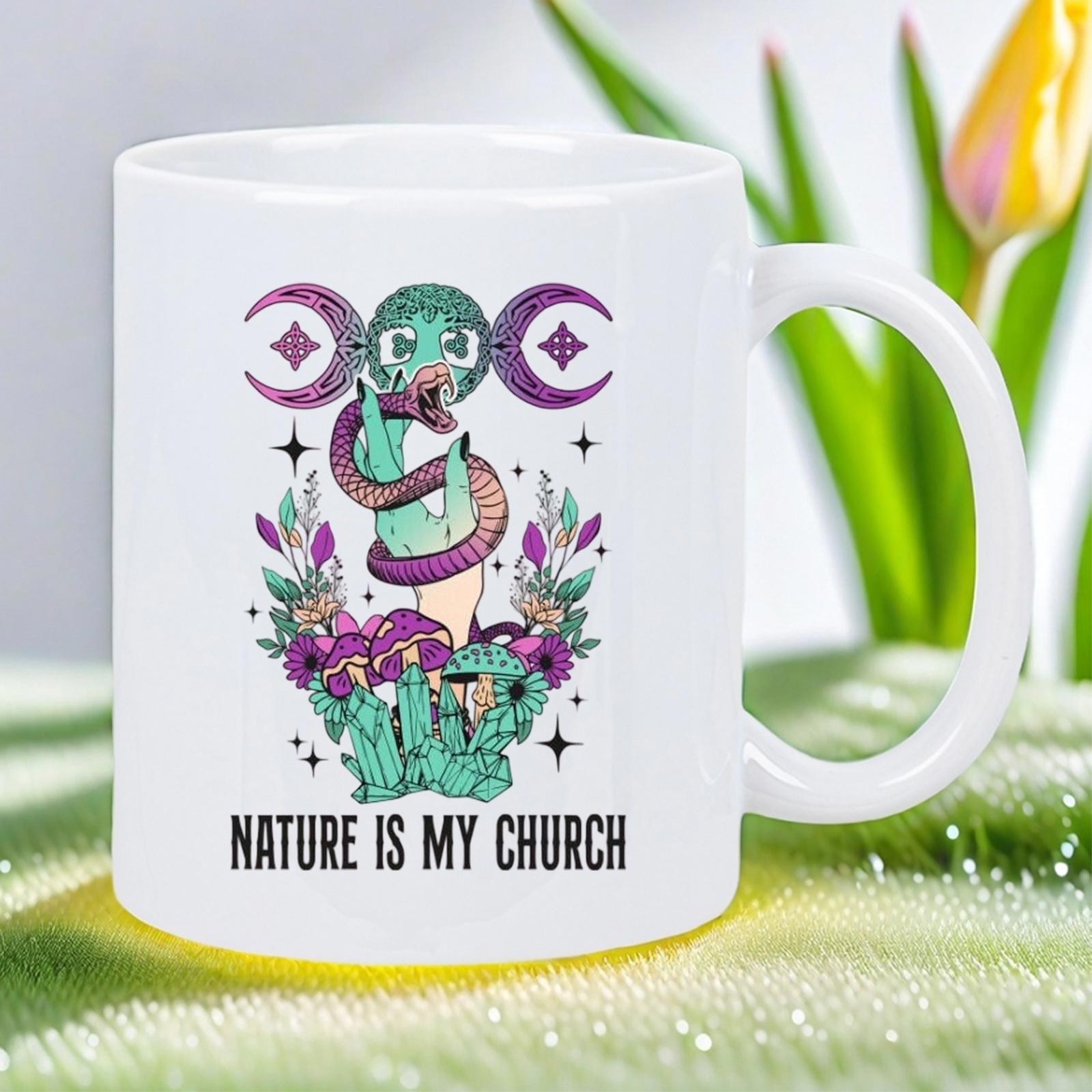 Tailorly White Ceramic 11 oz Mug - Nature Is My Church Mystical Green Hand With Coiled Snake Among Glowing Purple Crystals Snake