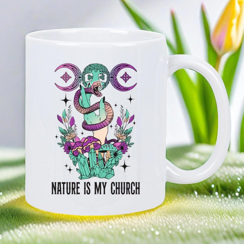 Tailorly White Ceramic 11 oz Mug - Nature Is My Church Mystical Green Hand With Coiled Snake Among Glowing Purple Crystals Snake
