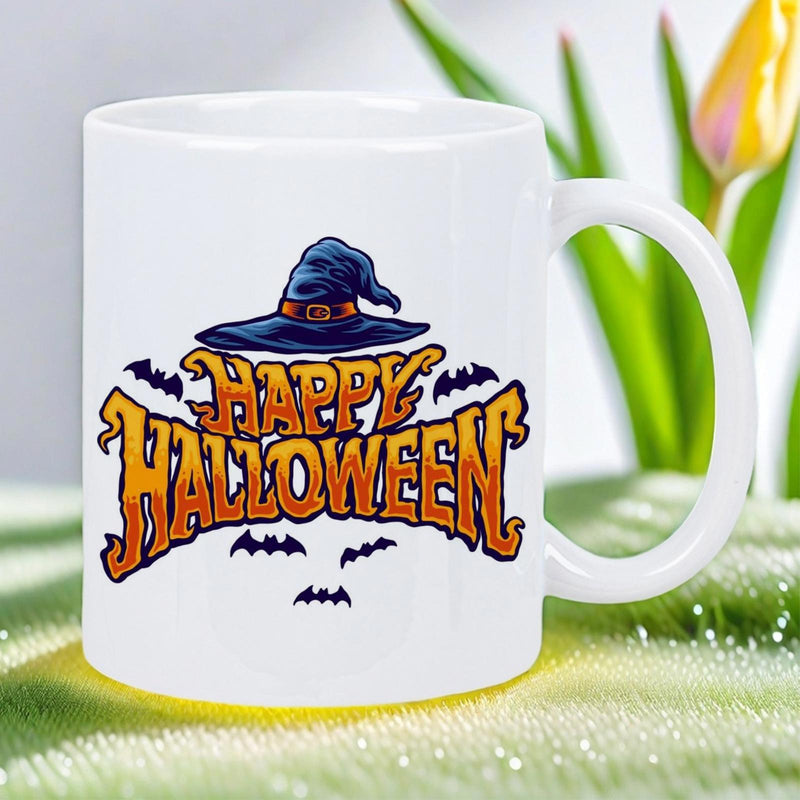 Tailorly White Ceramic 11 oz Mug - Happy Halloween Spooky Blue Buckled Hat Surrounded By Small Flying Black Bats Witch Hat