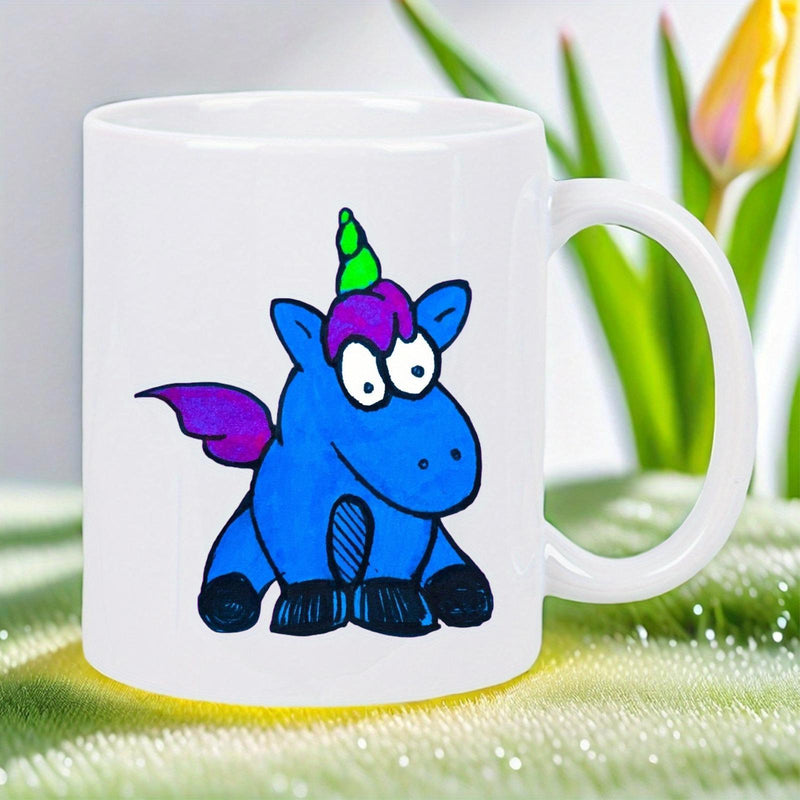 Tailorly White Ceramic 11 oz Mug - Vibrant Blue Magical Character With Green Horn And Purple Wings Sitting Mythical Unicorn