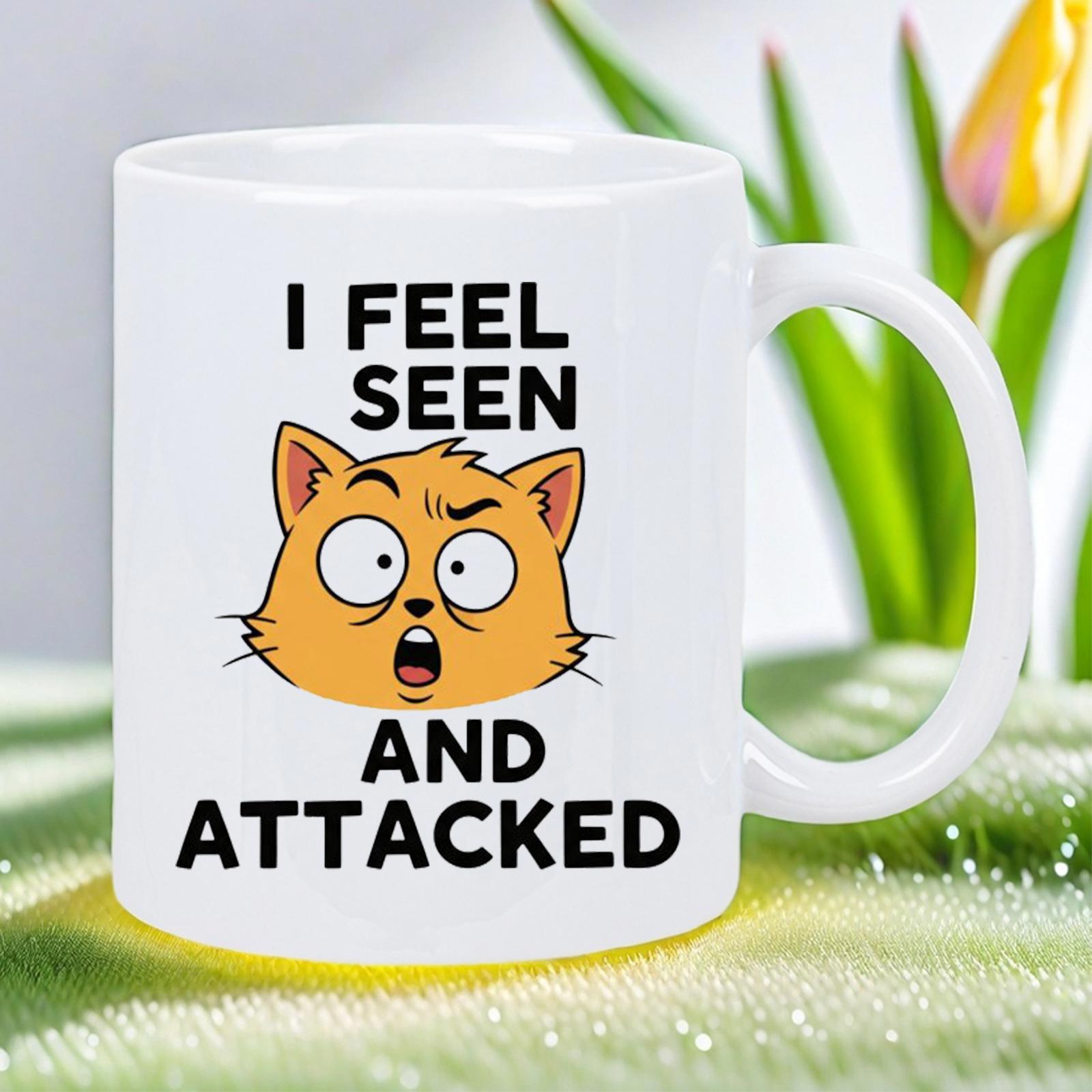 Tailorly White Ceramic 11 oz Mug - I Feel Seen And Attacked Surprised Orange Cartoon Cat Face With Wide Eyes And Open Mouth Cat