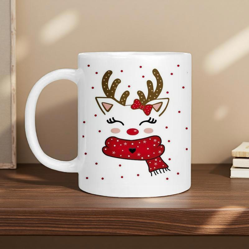 Tailorly White Ceramic 11 oz Mug - Cute Cartoon Face With Golden Glittery Antlers And Red Polka Dot Scarf Reindeer