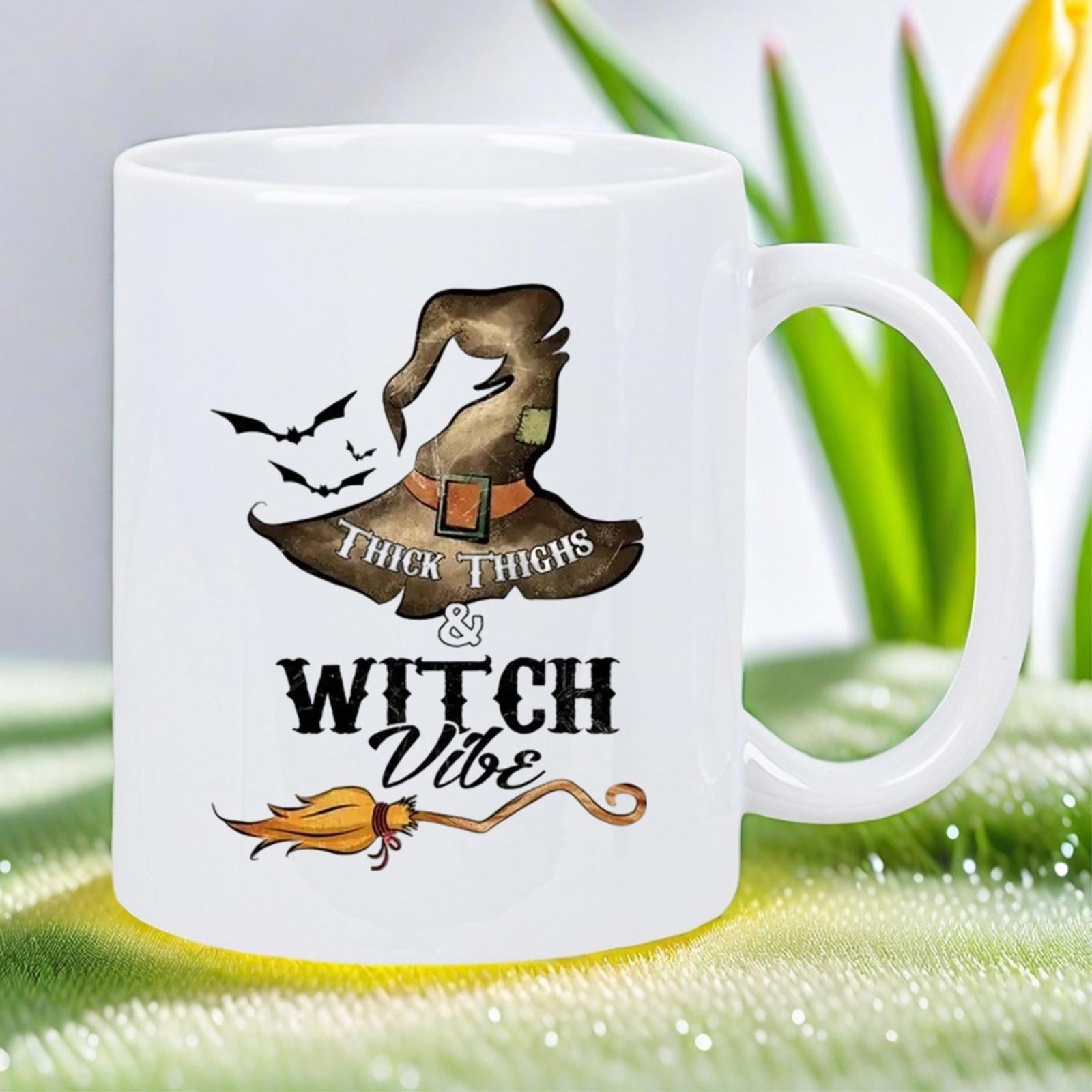 Tailorly White Ceramic 11 oz Mug - Thick Thighs Witch Vibe Rustic Pointed Brown Hat With Small Bats And Magic Broomstick Witch Hat