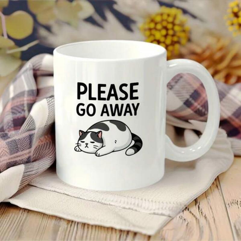 Tailorly White Ceramic 11 oz Mug - Please Go Away Chubby Black And White Feline Resting Peacefully In A Lazy Sleeping Pose Cat
