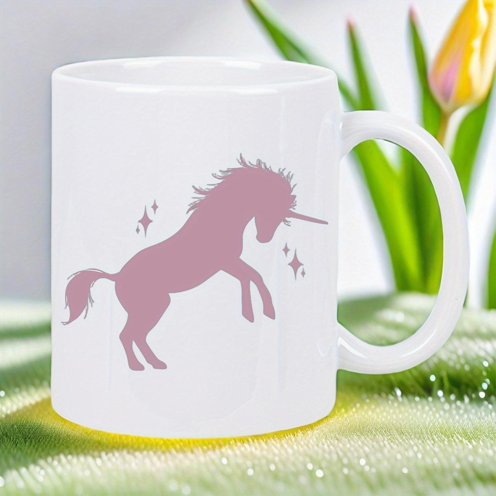Tailorly White Ceramic 11 oz Mug - Rearing Pink Silhouette With Twinkling Stars And Magical Flowing Mane Unicorn