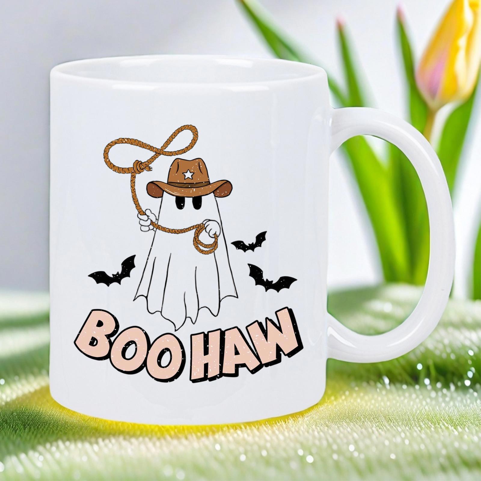 Tailorly White Ceramic 11 oz Mug - Boo Haw Playful Halloween Spirit Wearing Cowboy Hat And Swinging Lasso Among Bats Ghost