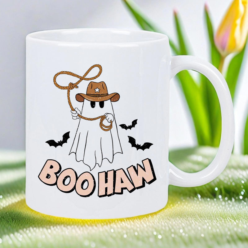 Tailorly White Ceramic 11 oz Mug - Boo Haw Playful Halloween Spirit Wearing Cowboy Hat And Swinging Lasso Among Bats Ghost