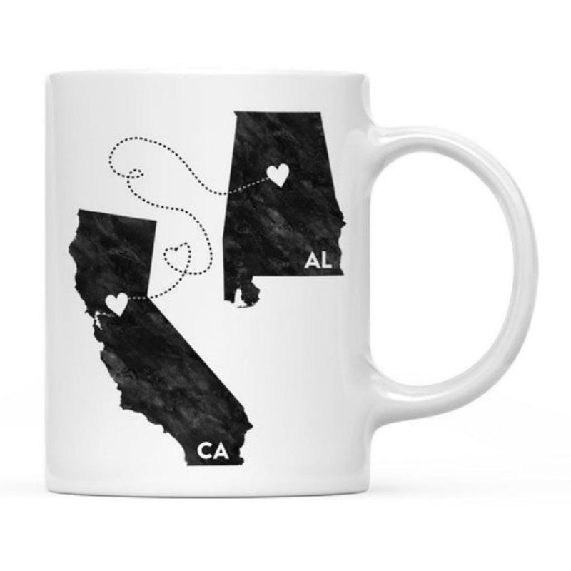 Tailorly White Ceramic 11 oz Mug - CA AL Two States Silhouettes Connected By Heart Path Over White Textured Surface Map