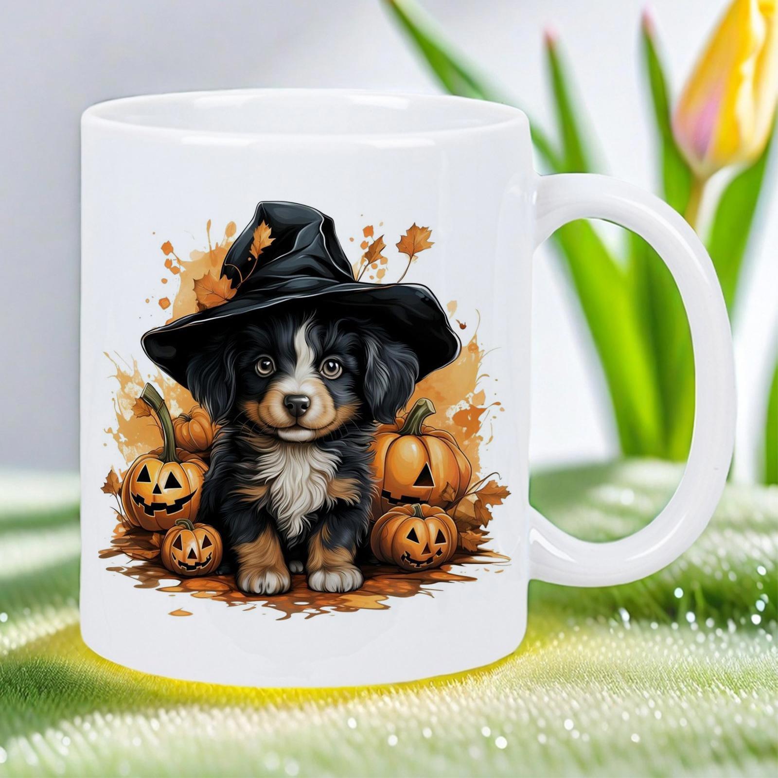 Tailorly White Ceramic 11 oz Mug - Adorable Halloween Puppy Wearing A Witch Hat Sitting Among Carved Autumn Pumpkins Dog