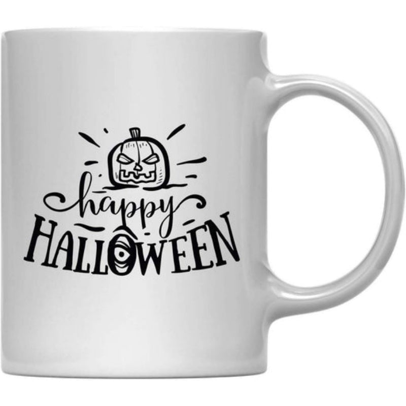 Tailorly White Ceramic 11 oz Mug - Happy Halloween Stylized Hand Drawn Text Beneath A Scary Carved Smiling Face Pumpkin