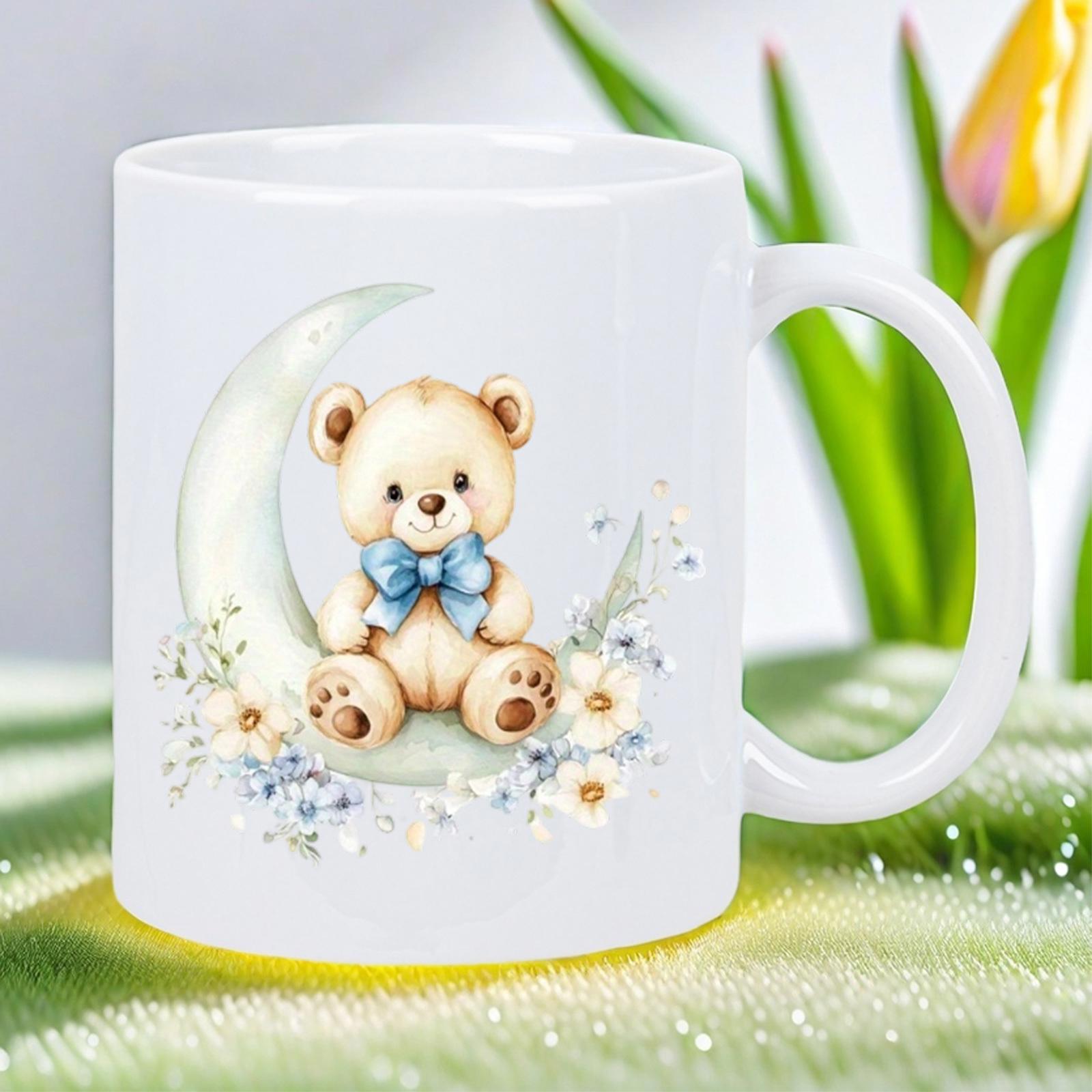 Tailorly White Ceramic 11 oz Mug - Adorable Watercolor Illustration Of Teddy Sitting Upon Crescent Moon Bear