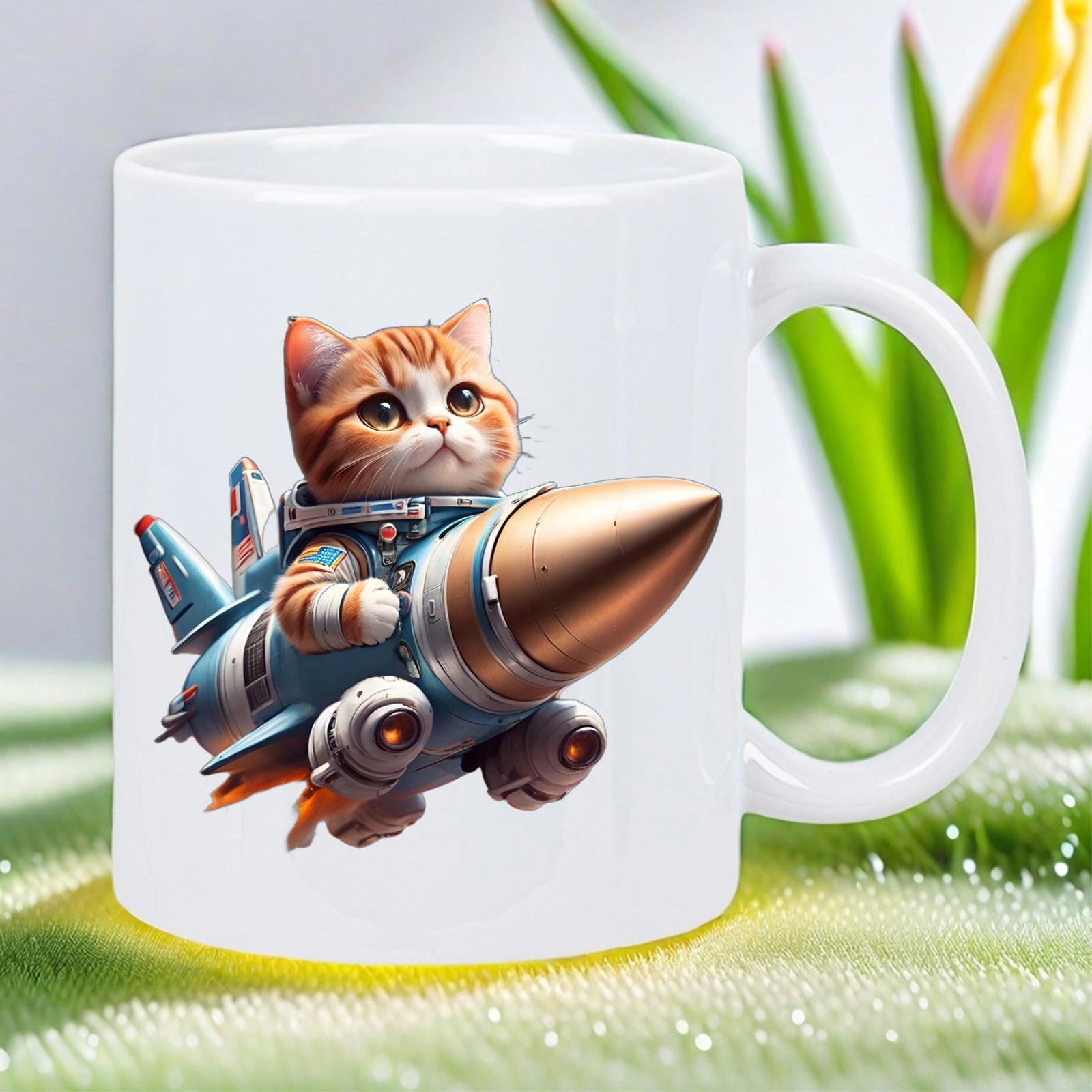 Tailorly White Ceramic 11 oz Mug - Adorable Ginger Tabby Riding A Futuristic Rocket Through Deep Space Kitten