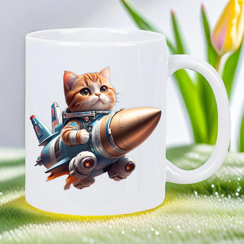 Tailorly White Ceramic 11 oz Mug - Adorable Ginger Tabby Riding A Futuristic Rocket Through Deep Space Kitten