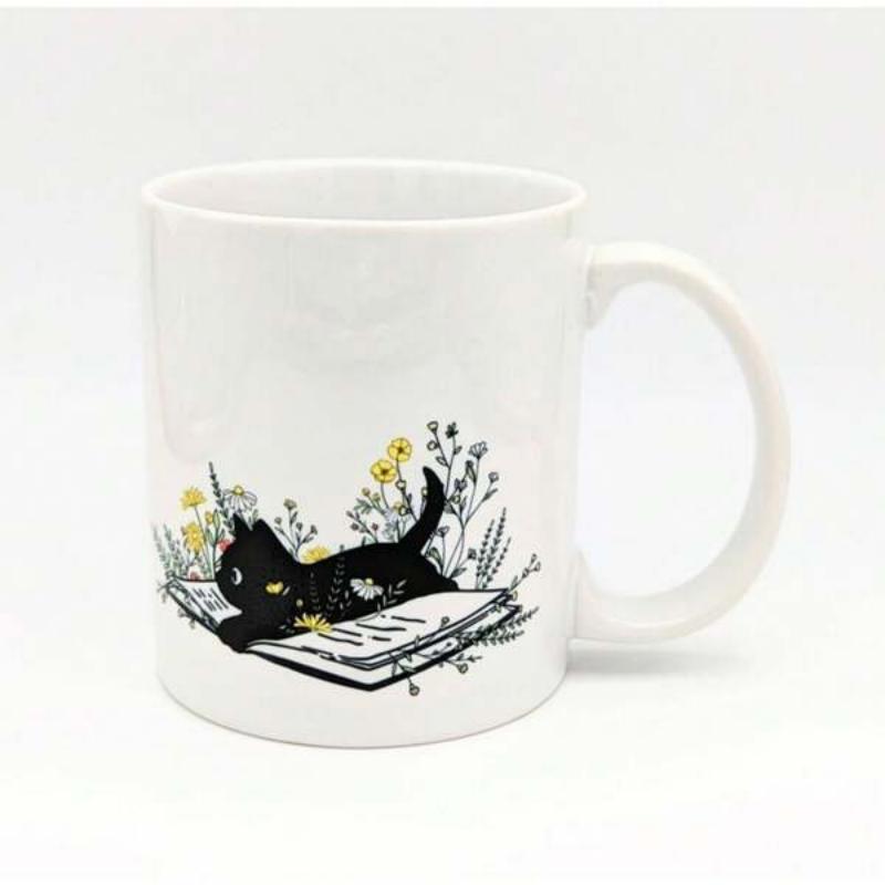 Tailorly White Ceramic 11 oz Mug - Peaceful Black Cat Resting Upon Open Book Among Delicate Yellow Wildflowers Cat