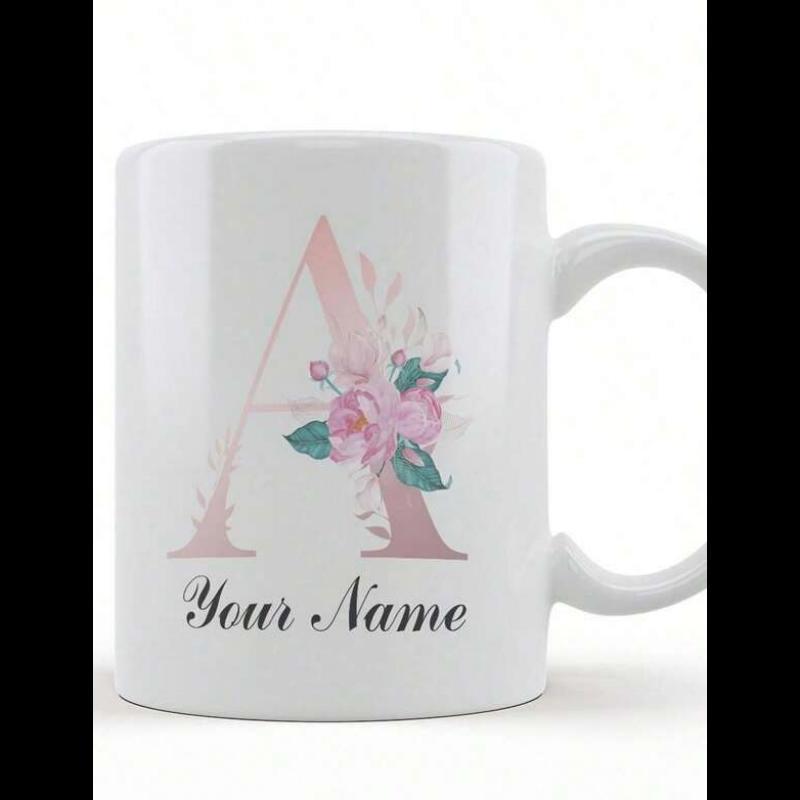 Tailorly White Ceramic 11 oz Mug - Your Name Elegant Pink Floral Letter Among Delicate Roses And Green Leaves Mug