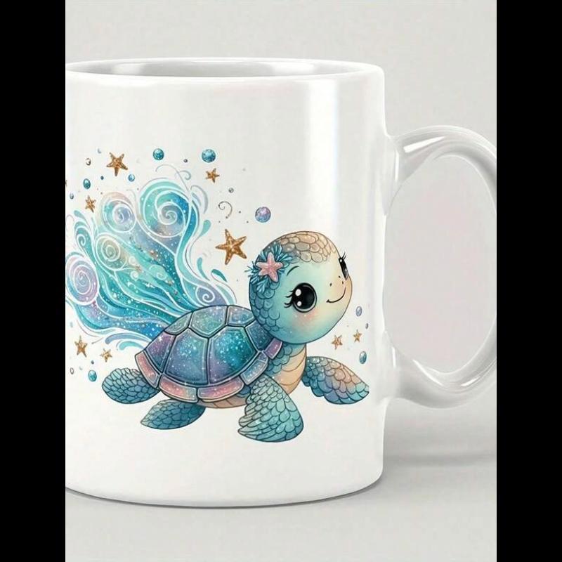 Tailorly White Ceramic 11 oz Mug - Cute Sea Creature Swimming Among Swirling Blue Ocean Waves And Stars Turtle