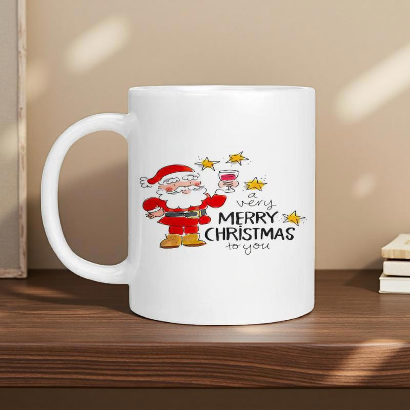 Tailorly White Ceramic 11 oz Mug - A Very Merry Christmas To You Festive Jolly Santa Claus Standing Among Glowing Golden Stars Holding Gift Santa